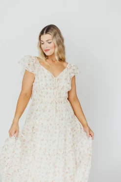 Online Worth Collective Charming Floral & Gingham Ruffled Maxi Dress in Cream/Peach Floral