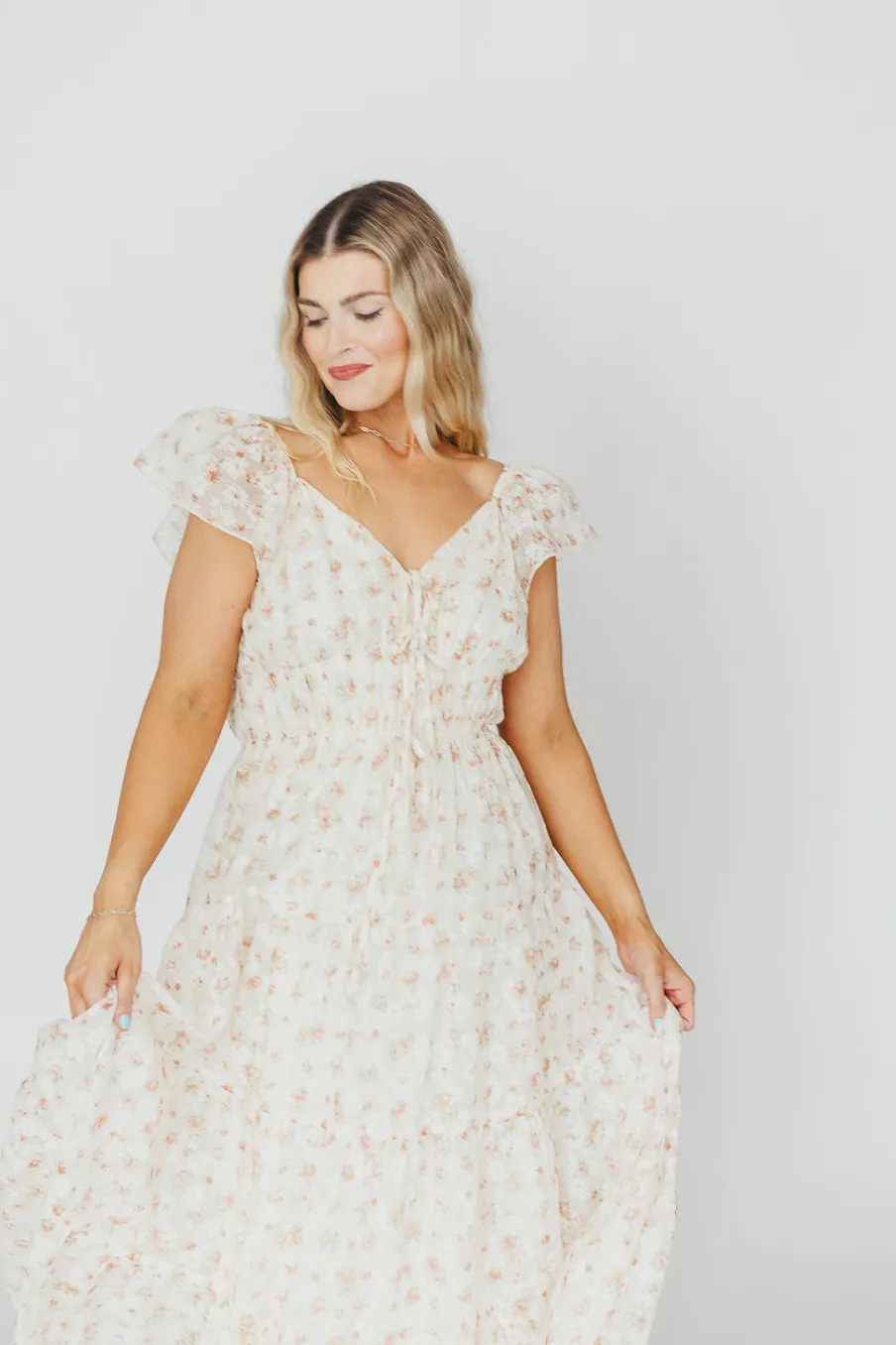 Online Worth Collective Charming Floral & Gingham Ruffled Maxi Dress in Cream/Peach Floral