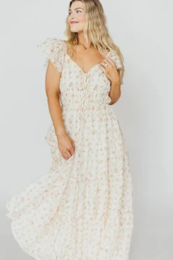 Online Worth Collective Charming Floral & Gingham Ruffled Maxi Dress in Cream/Peach Floral
