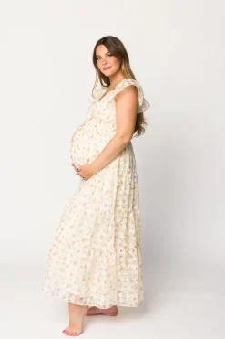 Online Worth Collective Charming Floral & Gingham Ruffled Maxi Dress in Cream/Peach Floral