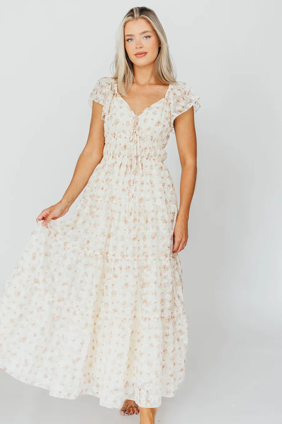 Online Worth Collective Charming Floral & Gingham Ruffled Maxi Dress in Cream/Peach Floral
