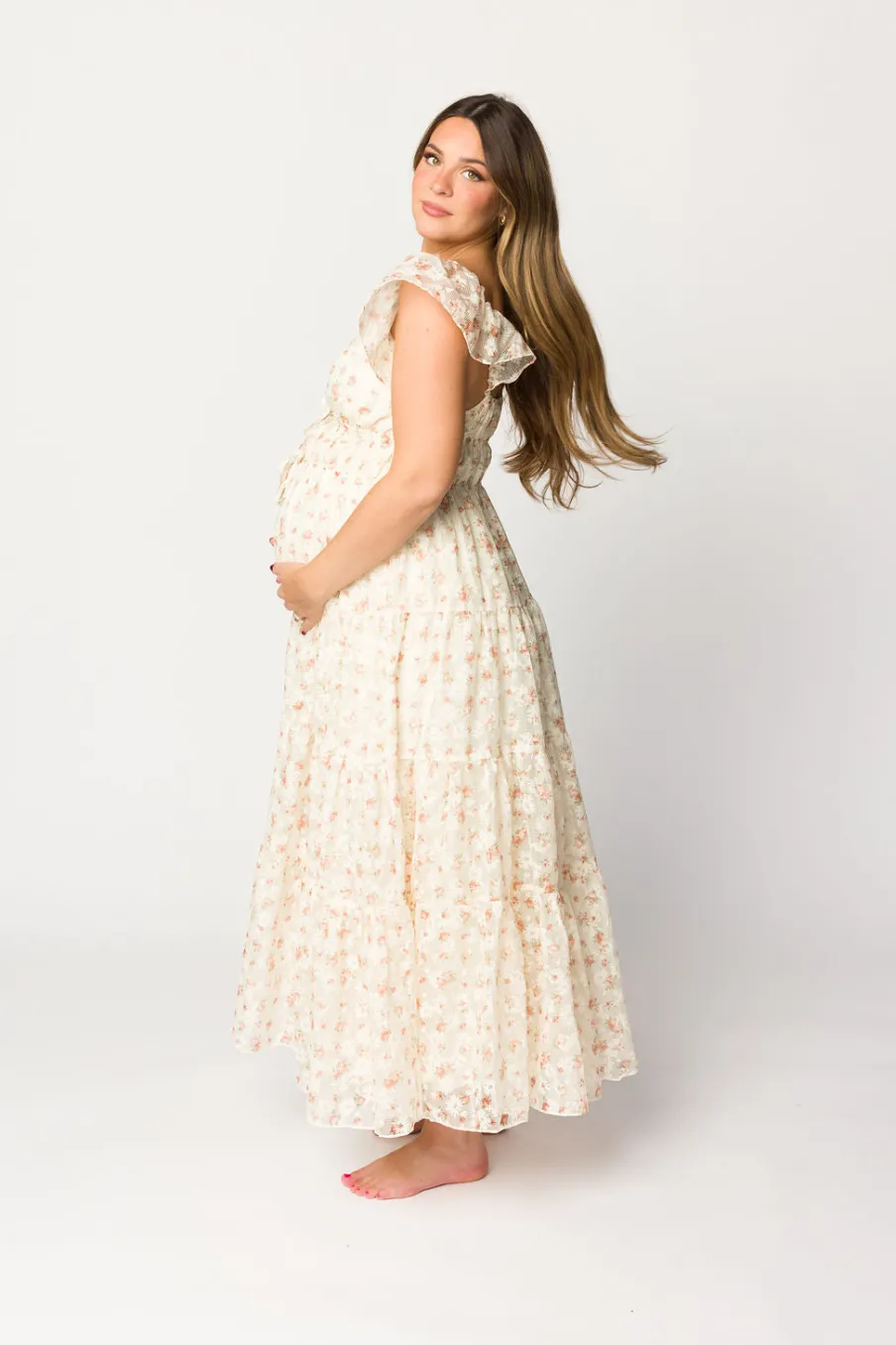 Online Worth Collective Charming Floral & Gingham Ruffled Maxi Dress in Cream/Peach Floral