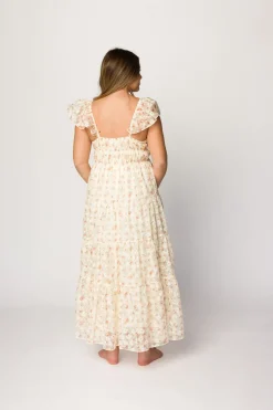 Online Worth Collective Charming Floral & Gingham Ruffled Maxi Dress in Cream/Peach Floral