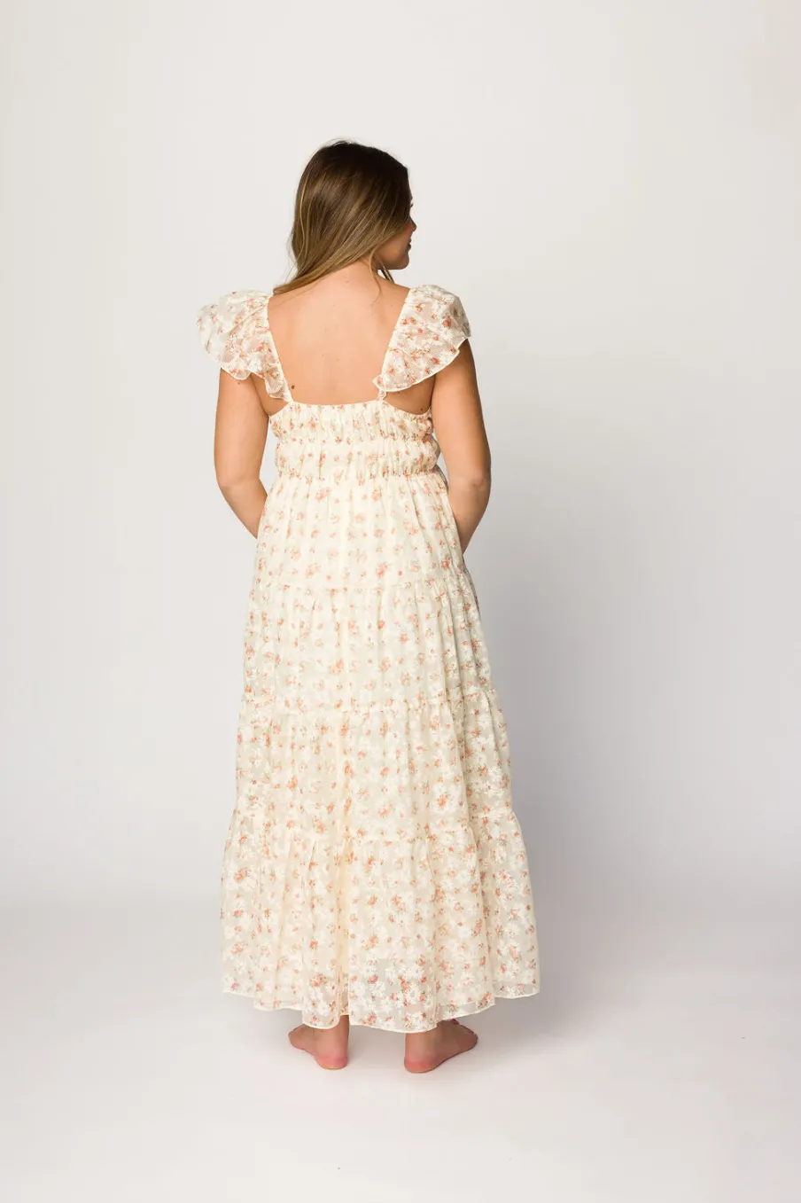 Online Worth Collective Charming Floral & Gingham Ruffled Maxi Dress in Cream/Peach Floral