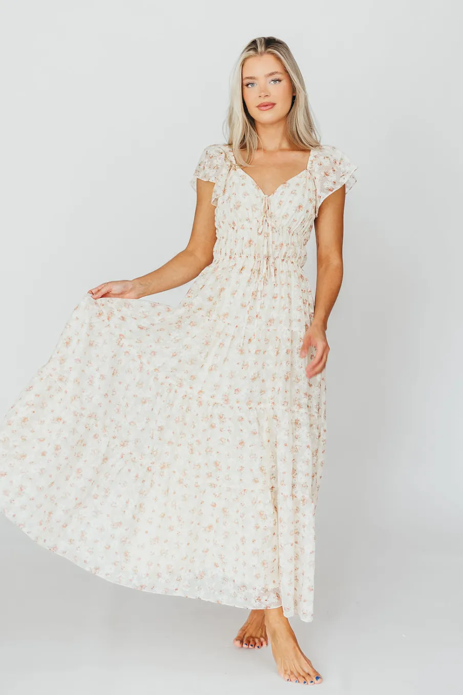 Online Worth Collective Charming Floral & Gingham Ruffled Maxi Dress in Cream/Peach Floral