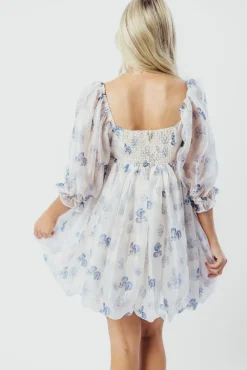 Discount Worth Collective Chase Bubble Hem Mini Dress in White/Periwinkle