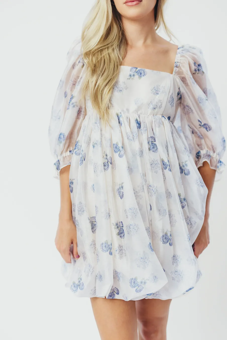 Discount Worth Collective Chase Bubble Hem Mini Dress in White/Periwinkle