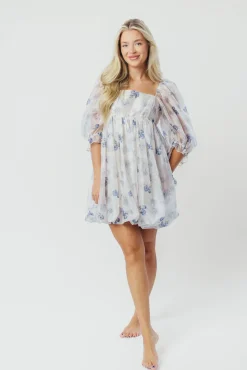 Discount Worth Collective Chase Bubble Hem Mini Dress in White/Periwinkle