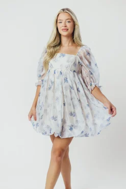 Discount Worth Collective Chase Bubble Hem Mini Dress in White/Periwinkle