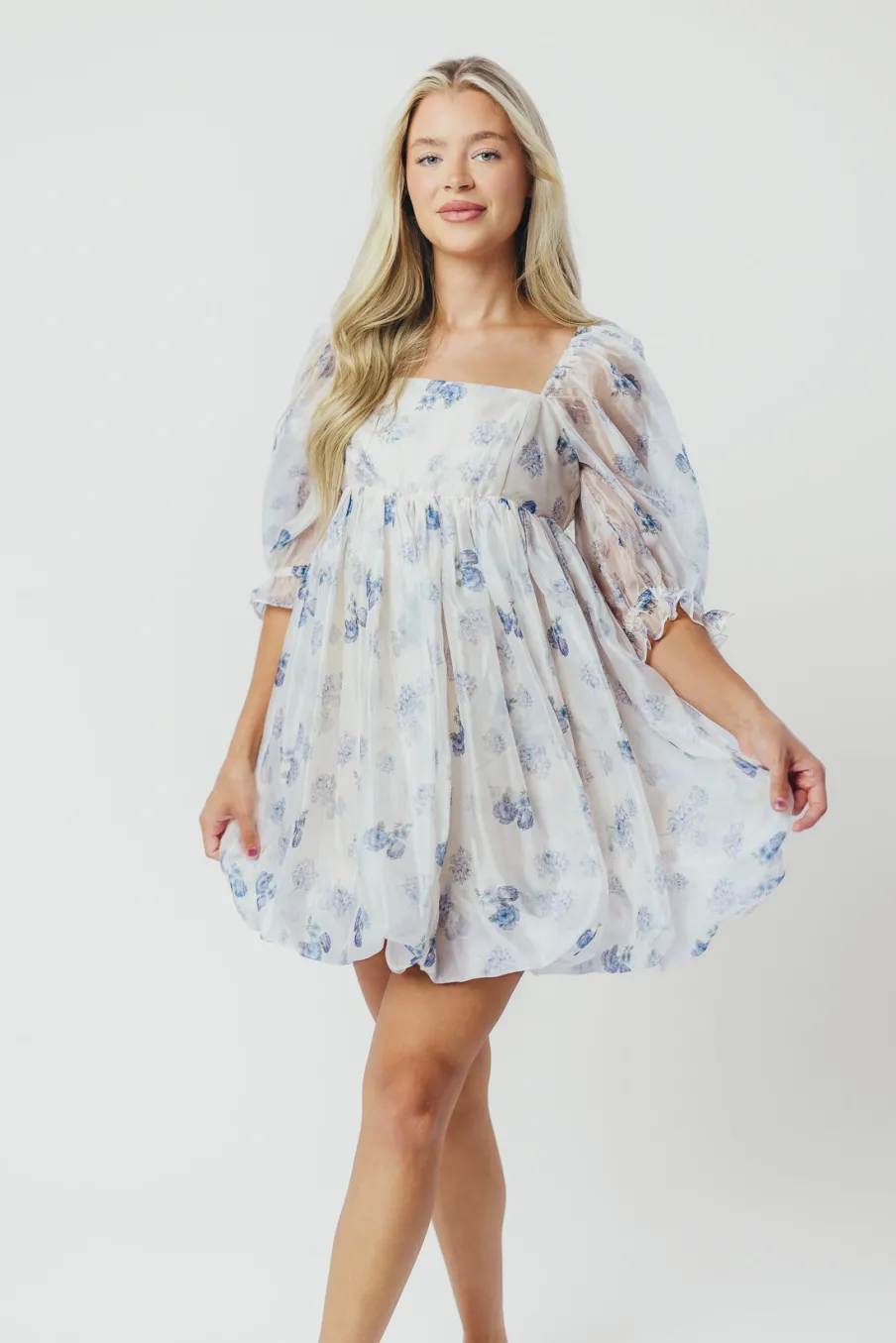 Discount Worth Collective Chase Bubble Hem Mini Dress in White/Periwinkle