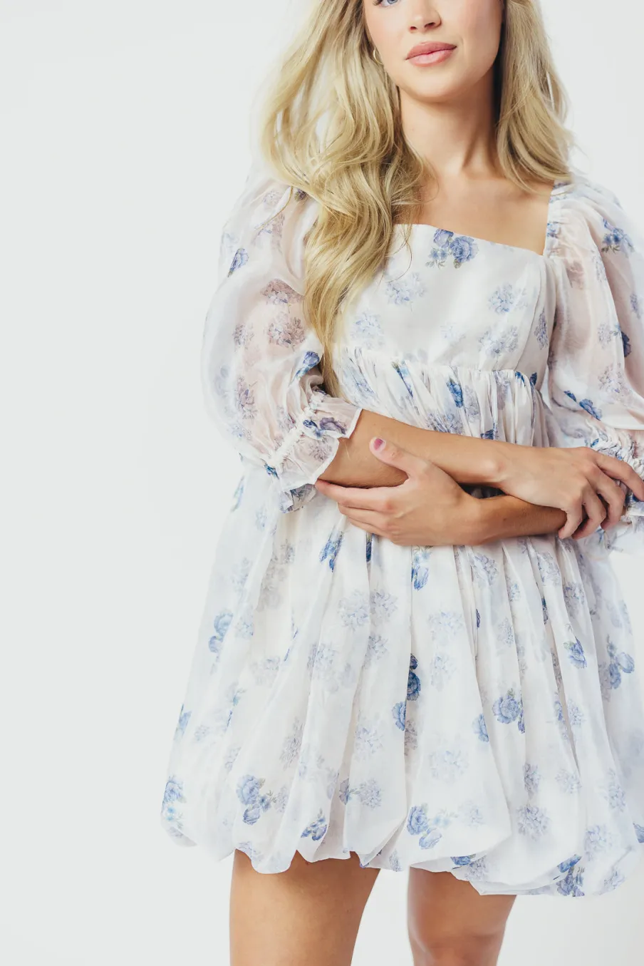 Discount Worth Collective Chase Bubble Hem Mini Dress in White/Periwinkle