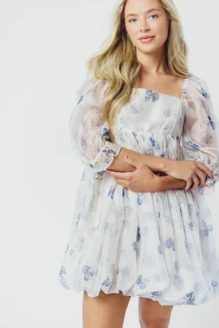Discount Worth Collective Chase Bubble Hem Mini Dress in White/Periwinkle