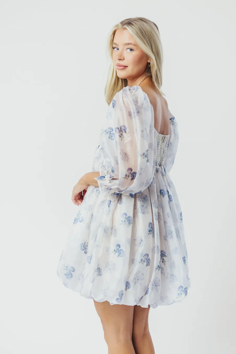 Discount Worth Collective Chase Bubble Hem Mini Dress in White/Periwinkle