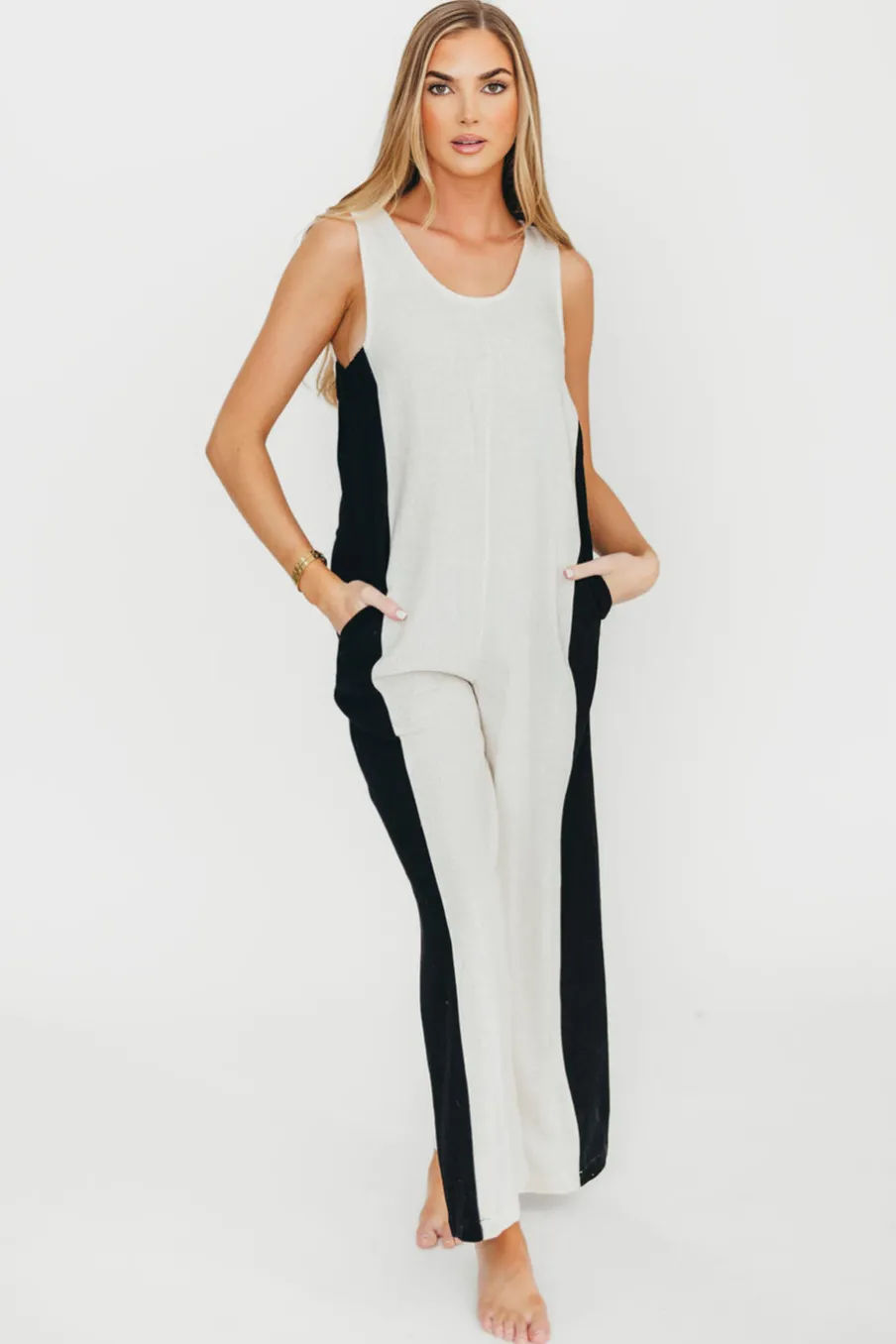 Sale Worth Collective Chase Linen Contrast Side Jumpsuit in Natural/Black