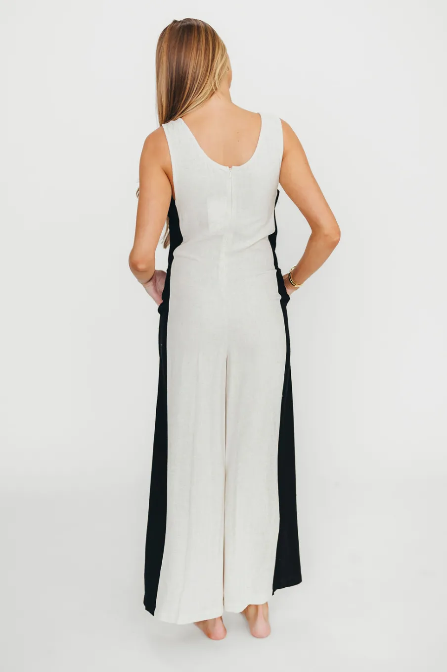 Sale Worth Collective Chase Linen Contrast Side Jumpsuit in Natural/Black