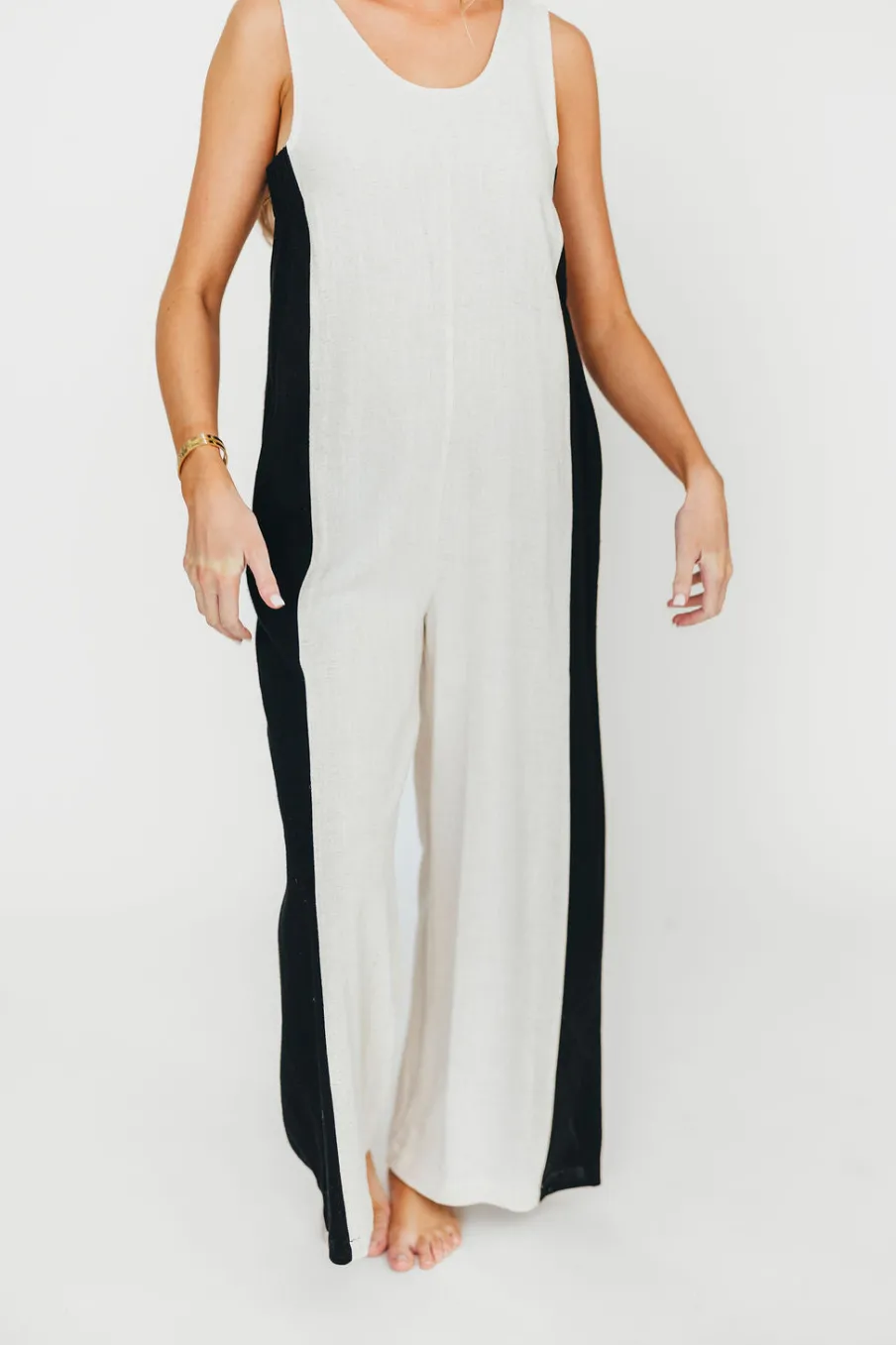 Sale Worth Collective Chase Linen Contrast Side Jumpsuit in Natural/Black