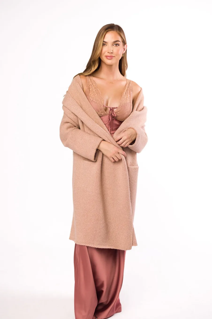 Hot Worth Collective Christina Lace & Satin Contrast Maxi Dress in Blushed Cashmere