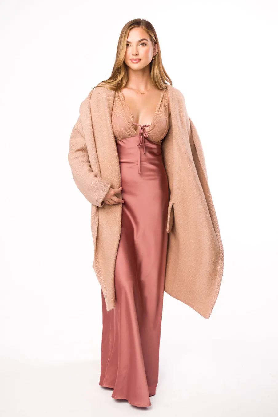 Hot Worth Collective Christina Lace & Satin Contrast Maxi Dress in Blushed Cashmere