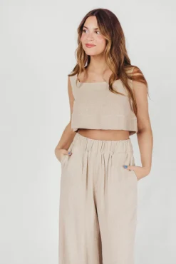 Hot Worth Collective Christy Linen-Blend Sleeveless Cropped Top in Sand