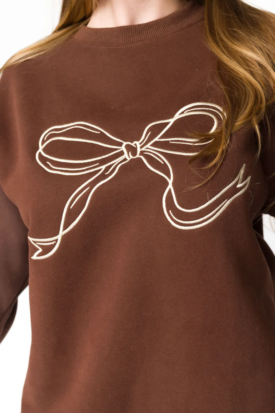 Hot Worth Collective Claire Embroidered Bow Sweatshirt in Chocolate