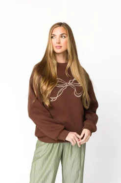 Hot Worth Collective Claire Embroidered Bow Sweatshirt in Chocolate