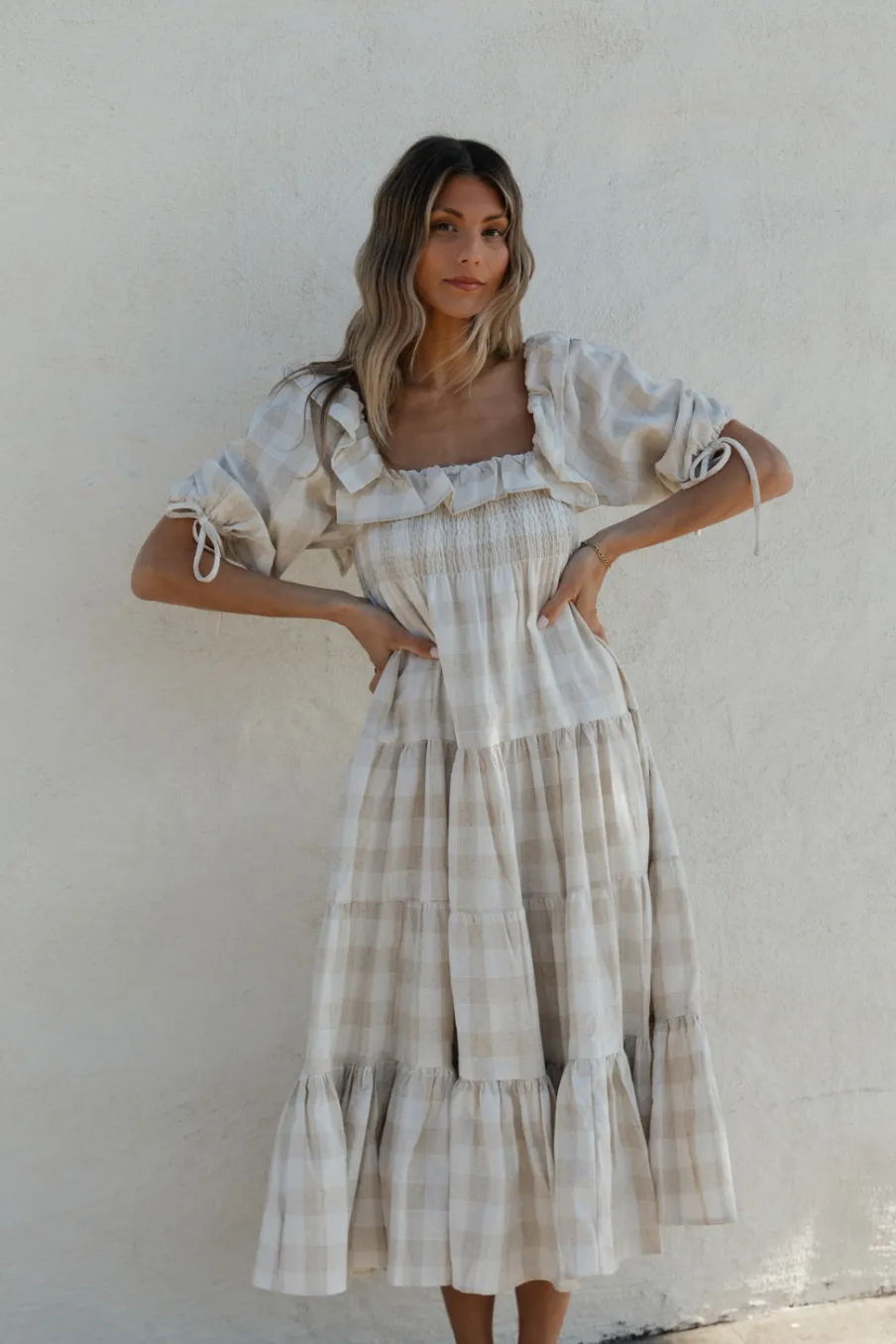 Online Worth Collective Clea Dress in Natural Plaid - Bump Friendly
