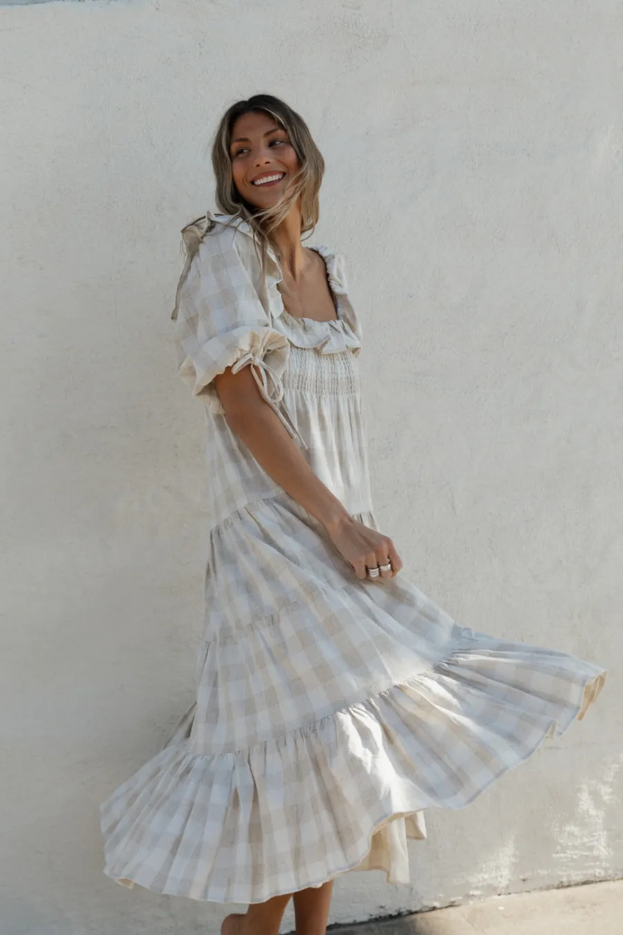 Online Worth Collective Clea Dress in Natural Plaid - Bump Friendly