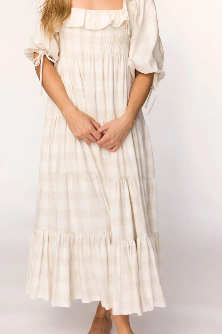 Online Worth Collective Clea Dress in Natural Plaid - Bump Friendly