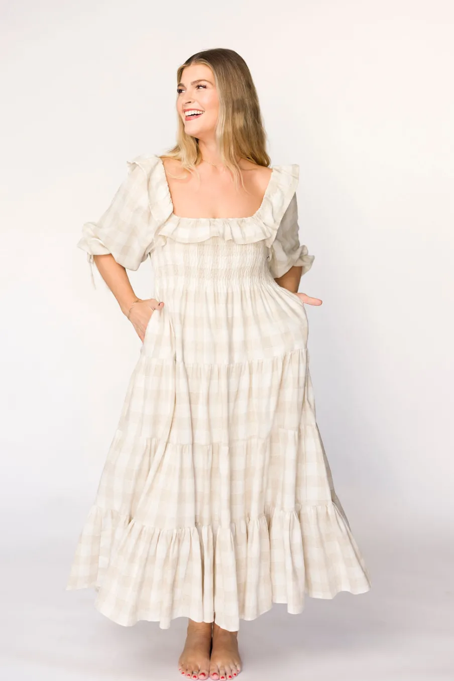 Online Worth Collective Clea Dress in Natural Plaid - Bump Friendly