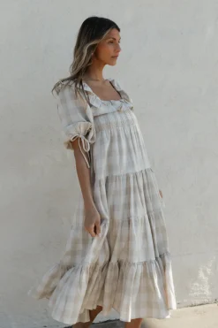 Online Worth Collective Clea Dress in Natural Plaid - Bump Friendly