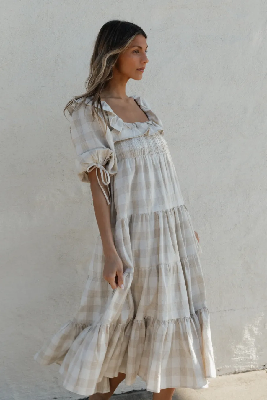Online Worth Collective Clea Dress in Natural Plaid - Bump Friendly