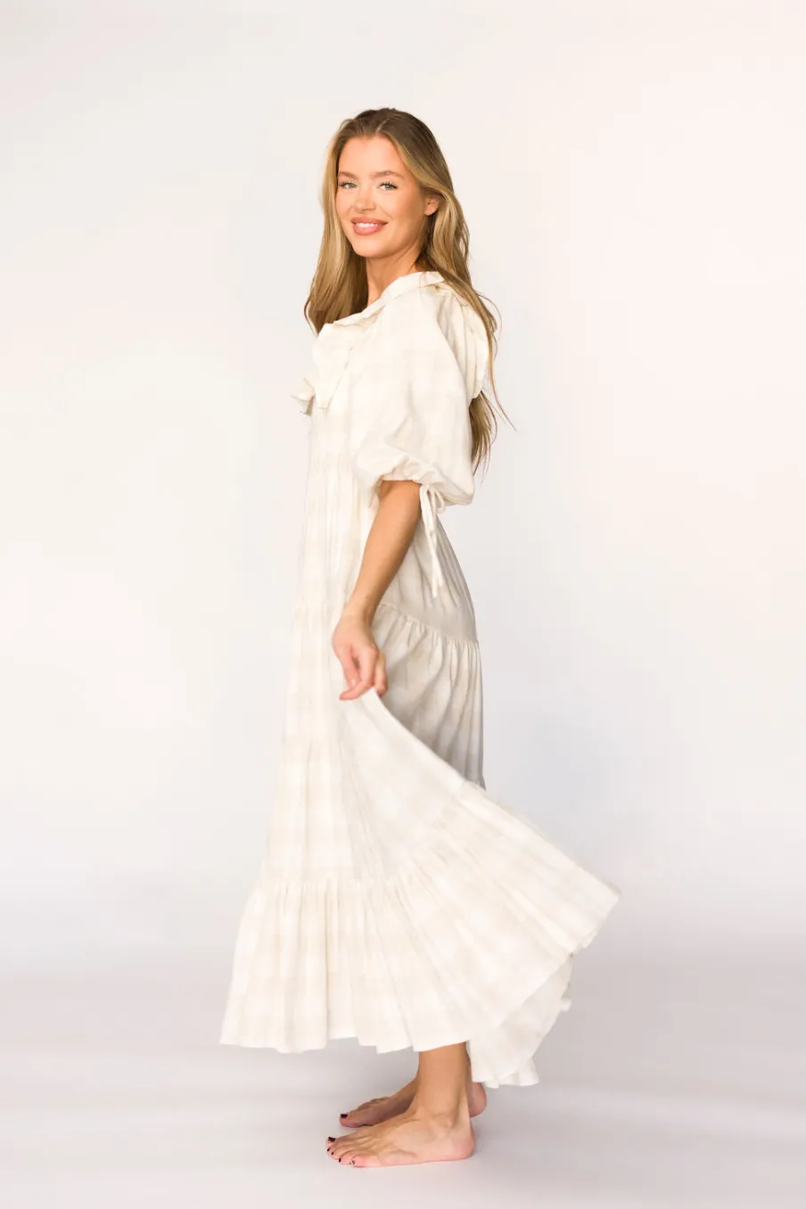 Online Worth Collective Clea Dress in Natural Plaid - Bump Friendly