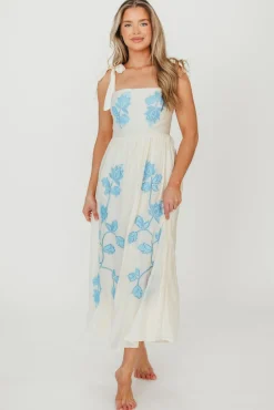 Hot Worth Collective Clementine Embroidered Midi Dress in Cream/Light Blue