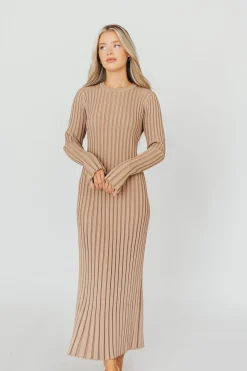 Clearance Worth Collective Colette Premium Long Sleeved Ribbed Knit Maxi Dress in Dark Natural -