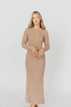 Clearance Worth Collective Colette Premium Long Sleeved Ribbed Knit Maxi Dress in Dark Natural -