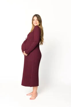 Outlet Worth Collective Colette Premium Long Sleeved Ribbed Knit Maxi Dress in Burgundy - Bump