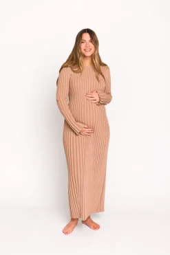 Clearance Worth Collective Colette Premium Long Sleeved Ribbed Knit Maxi Dress in Dark Natural -