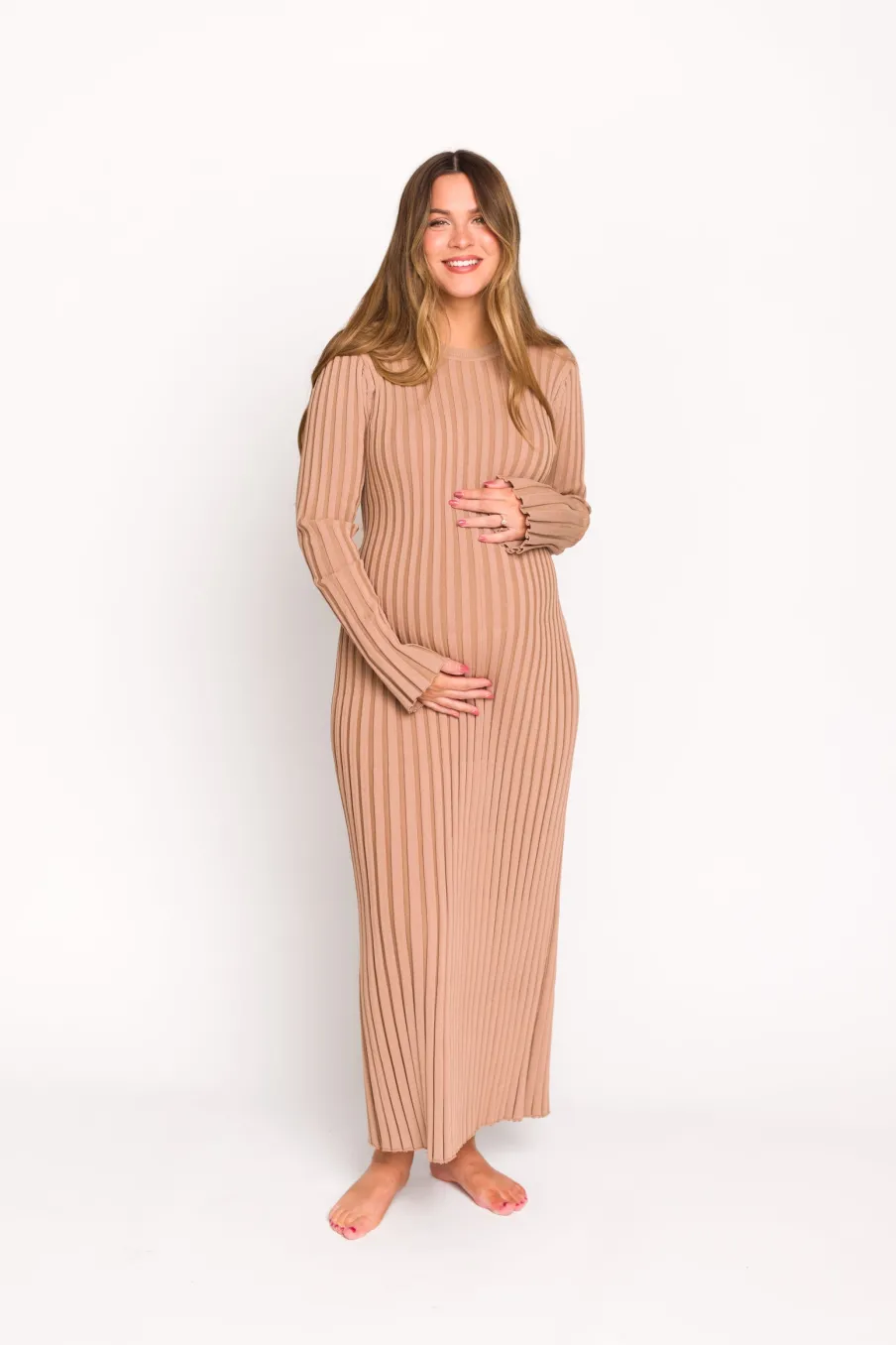 Clearance Worth Collective Colette Premium Long Sleeved Ribbed Knit Maxi Dress in Dark Natural -