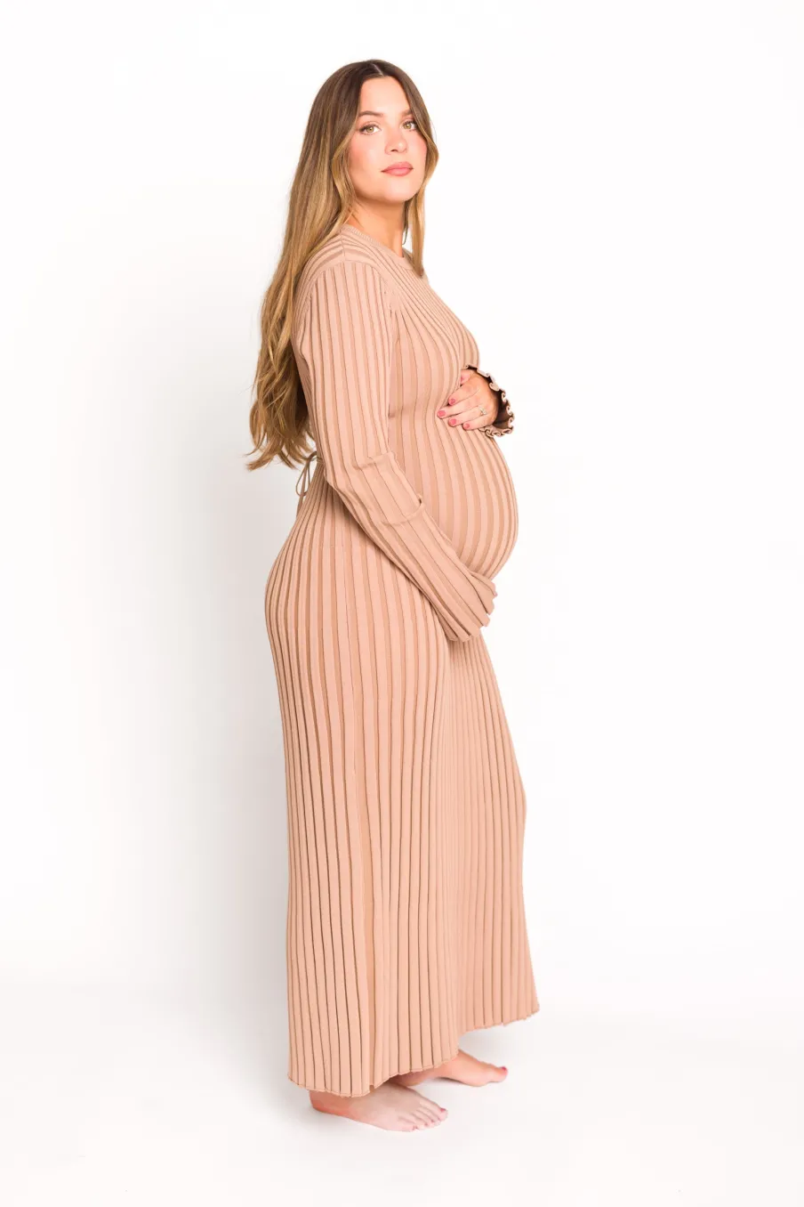 Clearance Worth Collective Colette Premium Long Sleeved Ribbed Knit Maxi Dress in Dark Natural -