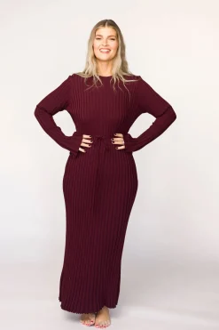 Outlet Worth Collective Colette Premium Long Sleeved Ribbed Knit Maxi Dress in Burgundy - Bump
