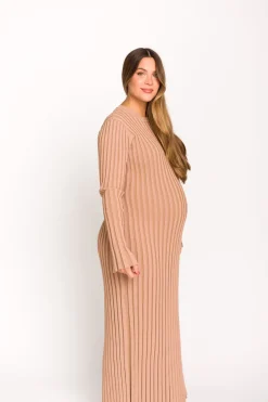 Clearance Worth Collective Colette Premium Long Sleeved Ribbed Knit Maxi Dress in Dark Natural -