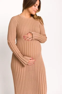 Clearance Worth Collective Colette Premium Long Sleeved Ribbed Knit Maxi Dress in Dark Natural -
