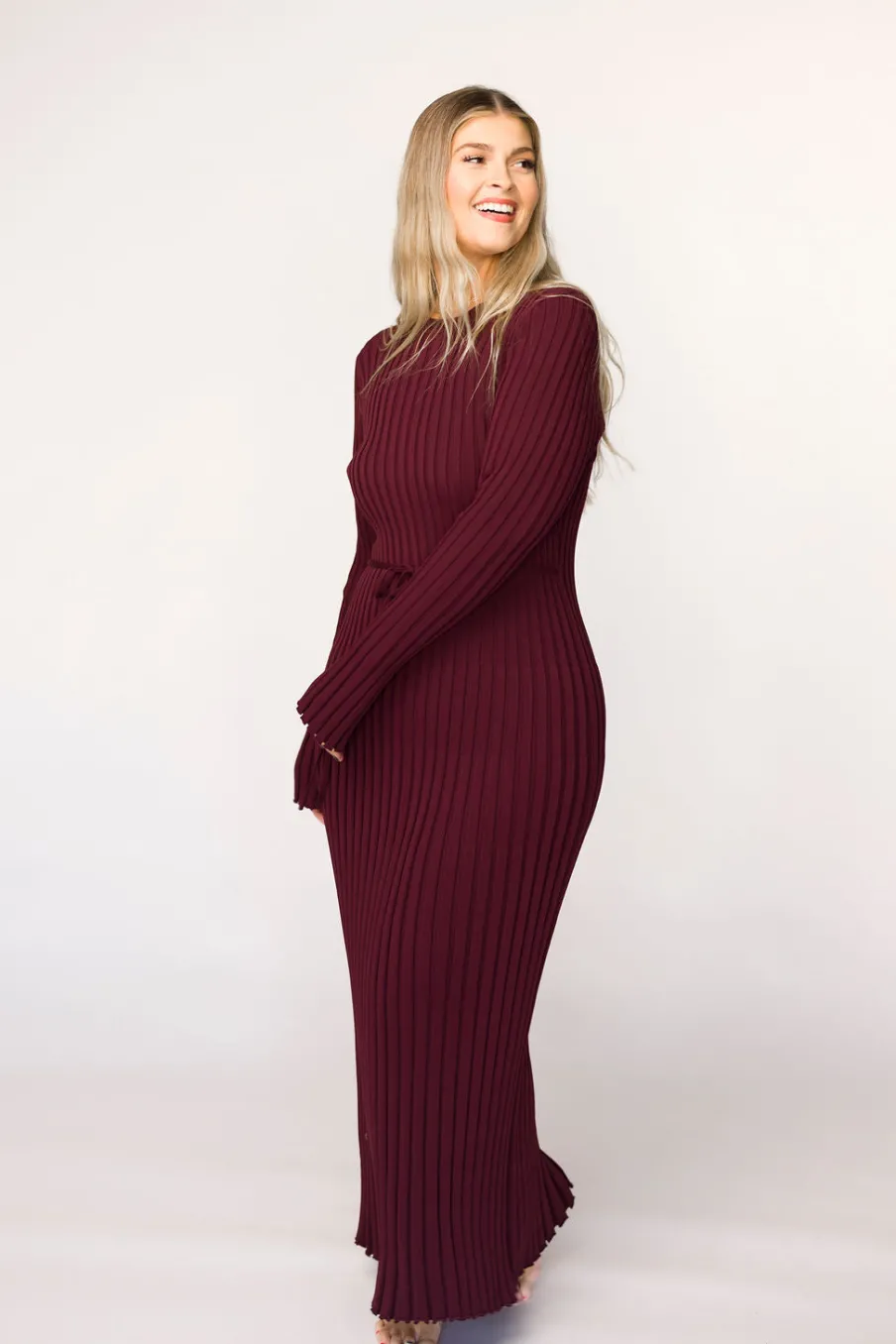 Outlet Worth Collective Colette Premium Long Sleeved Ribbed Knit Maxi Dress in Burgundy - Bump