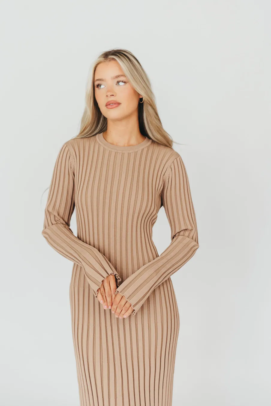 Clearance Worth Collective Colette Premium Long Sleeved Ribbed Knit Maxi Dress in Dark Natural -
