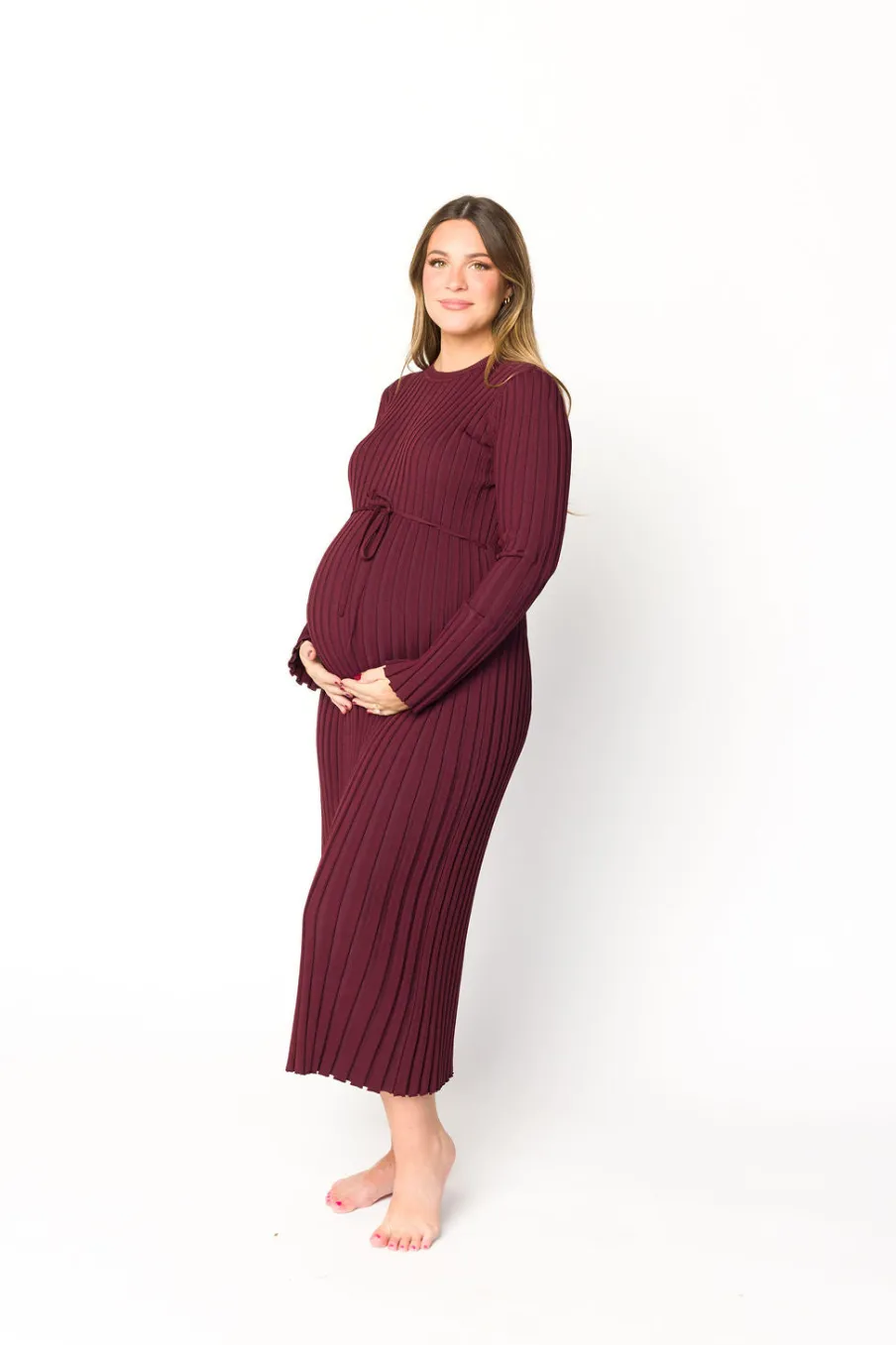 Outlet Worth Collective Colette Premium Long Sleeved Ribbed Knit Maxi Dress in Burgundy - Bump