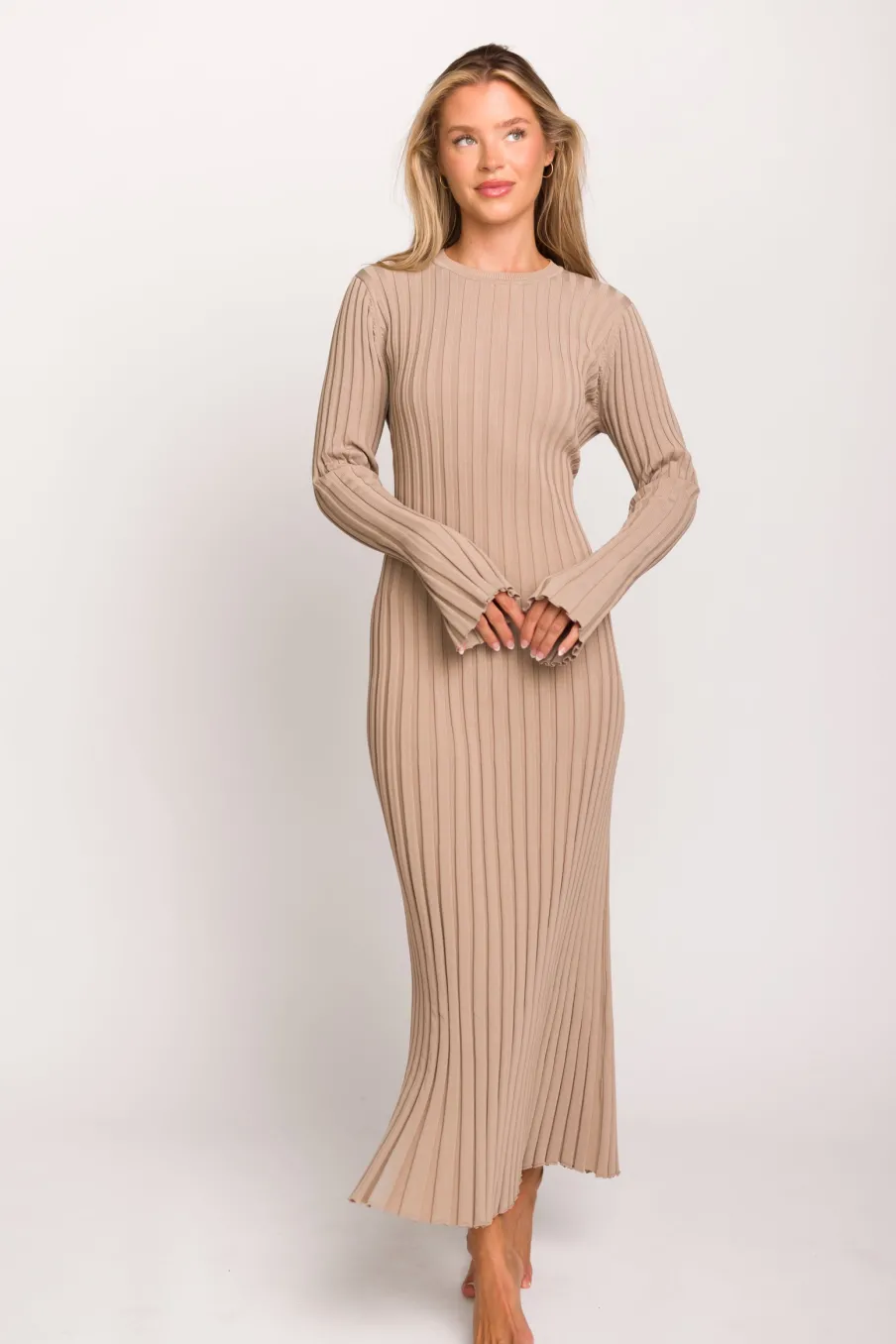 Clearance Worth Collective Colette Premium Long Sleeved Ribbed Knit Maxi Dress in Dark Natural -