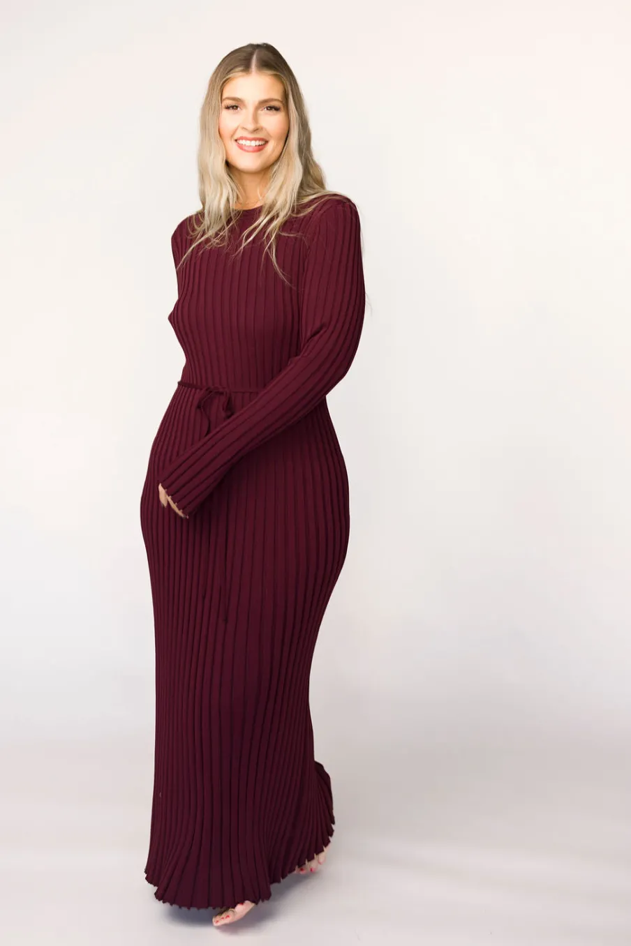 Outlet Worth Collective Colette Premium Long Sleeved Ribbed Knit Maxi Dress in Burgundy - Bump