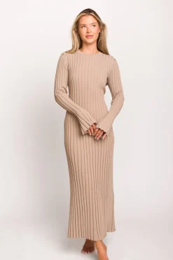 Clearance Worth Collective Colette Premium Long Sleeved Ribbed Knit Maxi Dress in Dark Natural -