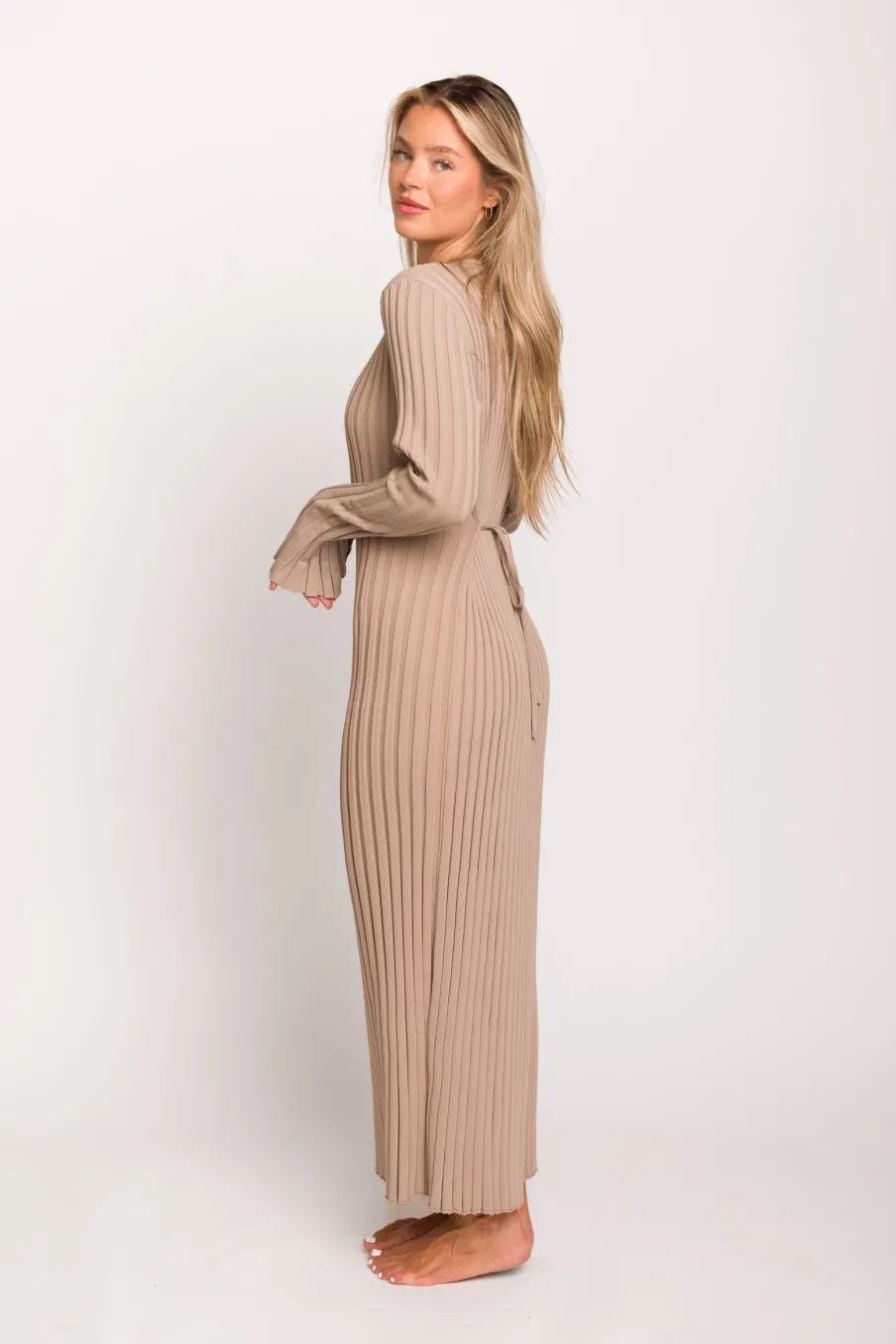 Clearance Worth Collective Colette Premium Long Sleeved Ribbed Knit Maxi Dress in Dark Natural -