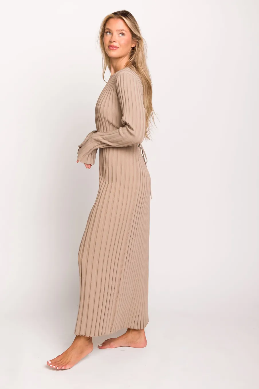 Clearance Worth Collective Colette Premium Long Sleeved Ribbed Knit Maxi Dress in Dark Natural -